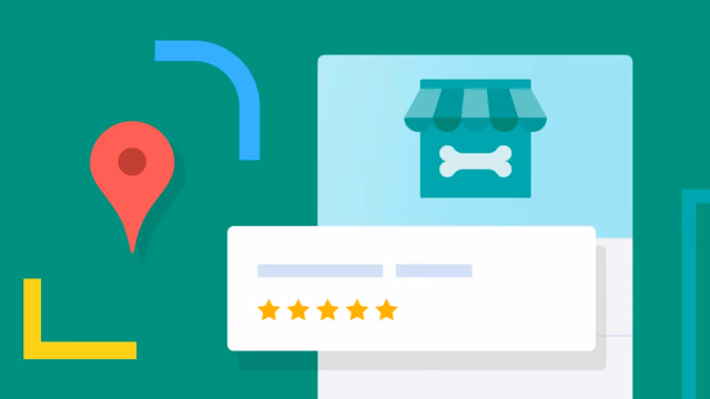 Illustration of a local business listing with a red map pin, a shop storefront and a five-star review card, representing local SEO