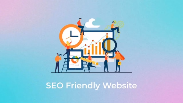 Illustration of people analyzing website charts with a clock and a magnifying glass above the words SEO Friendly Website