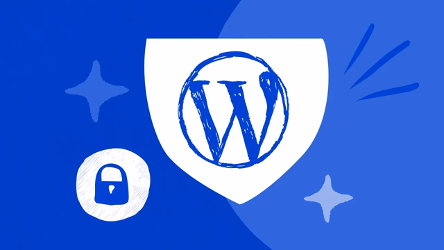 Illustration of a shield with the WordPress logo and a padlock, representing WordPress website security